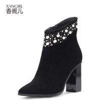 香阁儿 2014秋冬新款女靴水钻烤瓷扣磨砂羊皮粗跟时尚短靴靴子