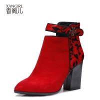 香阁儿 2014秋冬新款 时尚金属装饰马毛拼接粗跟女鞋