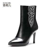 香阁儿 2014秋季新款女鞋 奢华水钻装饰简约酒杯跟真皮中筒靴女靴