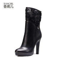 香阁儿 2014秋季新款 性感蕾丝花朵拼接酒杯高跟真皮中筒靴女靴子