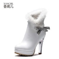 香阁儿 2014秋冬新款 时尚牛皮奢华水钻细跟 柔软貂毛短靴女 时尚女鞋