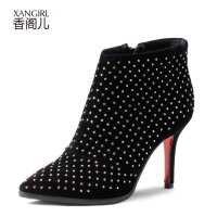 香阁儿 2014秋季新款 时尚铆钉装饰侧拉链羊皮细跟尖头短筒靴女靴