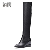 香阁儿 2014秋冬新款 时尚铆钉拼接莱卡牛皮中跟长靴骑士靴女靴