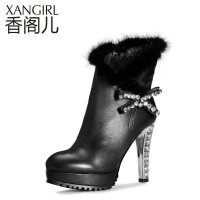 香阁儿 女款靴子秋冬 头层牛皮水钻貂毛高跟细跟短筒短靴女鞋子