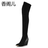 香阁儿 细腿超长靴 牛皮拼接金属尖头坡跟过膝靴过膝长靴长筒靴