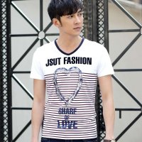 维杰斯 2015夏装新款男装 男士短袖t恤 韩版休闲V领条纹短袖衫潮t恤 男T恤