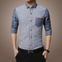维杰斯 2015春秋装新款男装衬衫 潮男长袖条纹英伦都市休闲纯棉印花修身衬衣 男士衬衫 男