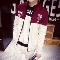 维杰斯 2015秋装新款男装拼接夹克 潮男 韩版时尚休闲拼接立领针织夹克 外套 男外衣