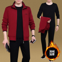 均妮运动套装男秋冬季加绒加厚中老年三件套大码运动服商务休闲运动衣男套装 深红色 男L 建议100-120斤穿666666
