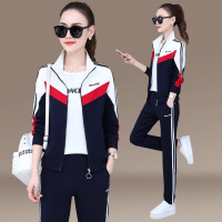 品牌春秋季立领拼色运动套装女卫衣女三件套2021新款大码韩版宽松休闲套装女卫衣运动服潮