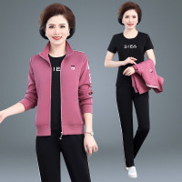 2021春装新品中老年运动套装女春季大码中年女士妈妈装三件套开衫宽松运动服棉
