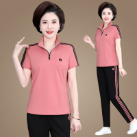 均妮运动套装女夏天短袖长裤2022中老年棉质翻领大码休闲运动服妈妈装运动衣