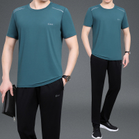 均妮夏天40一50岁男短袖套装爸爸夏装时尚男士T恤体桖2022中年男装衣服两件套运动服薄