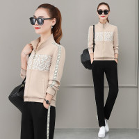 均妮 休闲运动套装女2021春秋新款长袖修身运动装女时尚立领健身跑步运动服女卫衣两件套潮