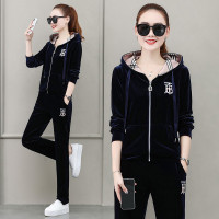 均妮 休闲运动套装女2021春秋新款长袖显瘦时尚连帽金丝绒运动装女健身跑步运动服女卫衣两件套