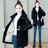 均妮加绒羊羔毛外套女秋冬中长慵懒风宽松连帽休闲百搭颗粒绒卫衣加厚