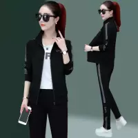 均妮运动套装女春秋季新款棉质韩版三件套休闲套装女时尚显瘦线条大码运动服套装女运动衣团购服卫衣