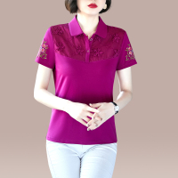 均妮妈妈短袖女t恤纯棉翻领夏装2022新款中年人时尚绣花小衫休闲运动