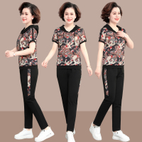 均妮妈妈夏装运动套装女短袖薄款冰丝休闲两件套中年妇女印花连帽卫衣