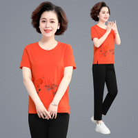 均妮夏季妈妈装新款短袖长裤休闲运动套装女50岁中年夏装纯棉T恤宽松