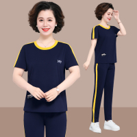 均妮中老年休闲运动服套装女夏2022新款短袖t恤薄款中年妈妈夏装上