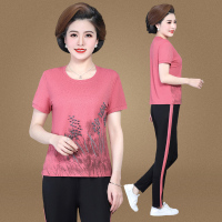 均妮休闲套装女夏季冰丝两件套洋气妈妈小衫短袖薄款中年妇女运动衣服