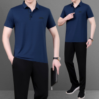 均妮 中老年运动套装男夏季休闲男装冰丝速干短袖长裤时尚爸爸装轻薄款