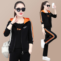 均妮2022新款运动服套装女春秋三件套中年女士连帽宽松休闲卫衣外套潮