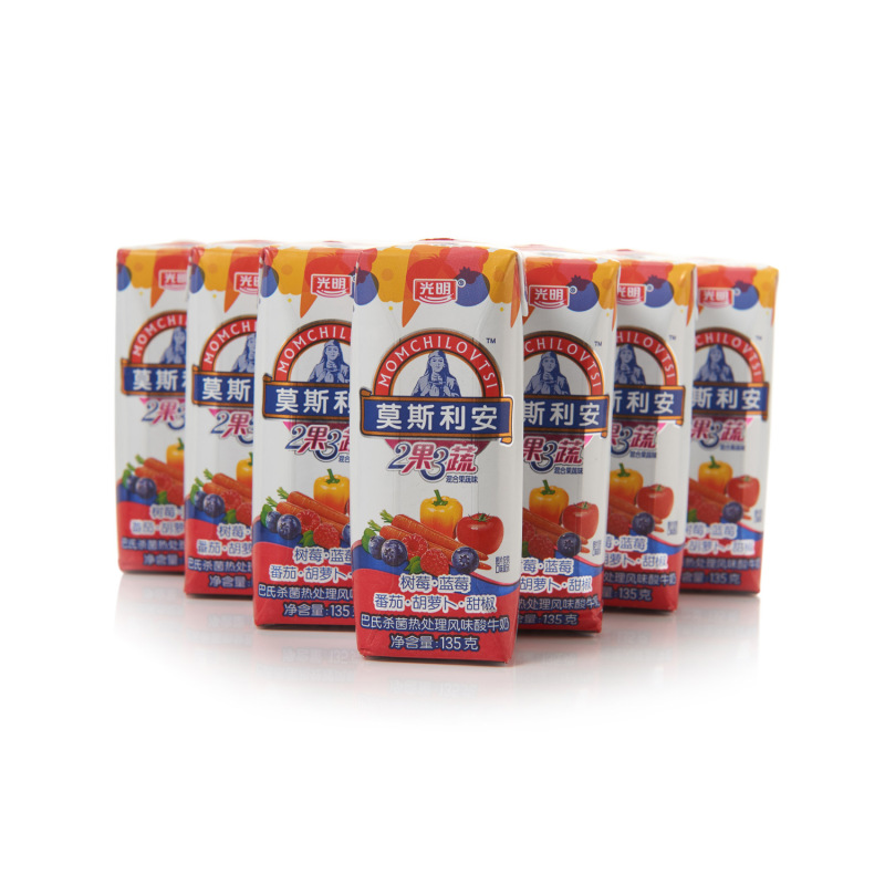 【中粮我买网】光明莫斯利安2果3蔬巴士杀菌热处理风味酸牛奶（树莓/蓝莓/番茄/胡萝卜/甜椒）135g*18/箱