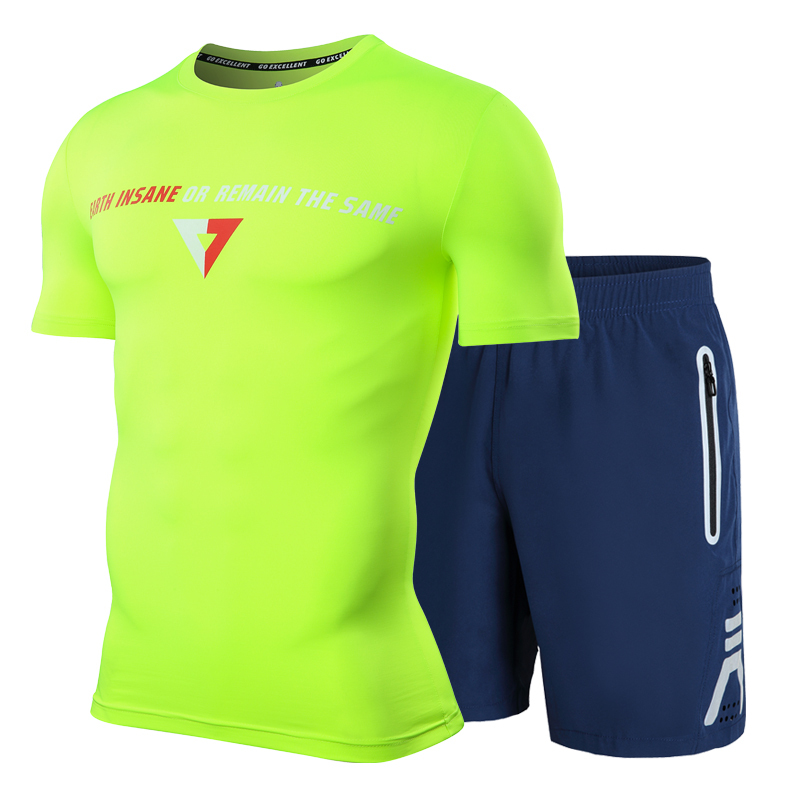 豪客虎2020夏季跑步套装男夜跑反光速干衣短袖训练健身服男士紧身运动套装