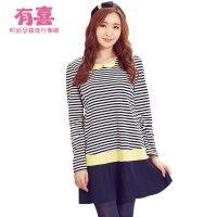 有喜秋装新款针织拼接时尚长袖可哺乳连衣裙