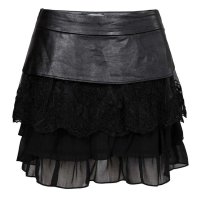 秋水伊人2015春装新款女装浪漫淑女欧根纱机绣PU拼接中腰修身短裙133E3090049