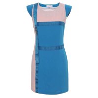 秋水伊人2014夏装新款几何拼接撞色织带钉珠飞飞袖修身雪纺连衣裙