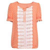 秋水伊人 2014通勤蕾丝短袖套头波点公主袖圆领雪纺衫 132404049