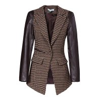 秋水伊人2014秋装新款通勤OL西装翻领PU拼接长袖修身毛呢外套133E3071021