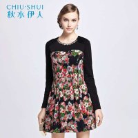 秋水伊人 2014冬装新款女复古淑女印花收腰长袖连衣裙1341E020007
