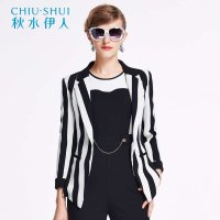 秋水伊人2015春装新款女装黑白琴键图案一粒扣修身西装外套