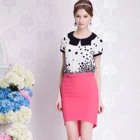 秋水伊人2015夏装可爱撞色娃娃领优雅印花短袖雪纺上衣A194 132104081