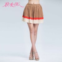 秋水伊人2015夏装清新淑女松紧风琴褶撞色百搭雪纺短裙A262 122209010