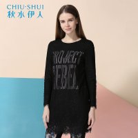 秋水伊人春装新款女装时尚圆领精美蕾丝花纹修身百搭纯色连衣裙15101BC020206