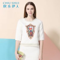 秋水伊人春装新款女装复古印花百搭五分袖上衣15101BC050210