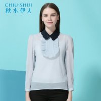 秋水伊人春装新款女装可爱娃娃领两件套雪纺上衣长袖15101AF050109