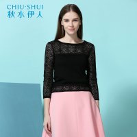 秋水伊人春装新款女装时尚圆领优雅百搭蕾丝拼接七分袖纯色针织衫15101AF100119