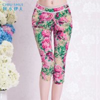 秋水伊人2016通勤淑女印花褶皱拼接脚口抽褶雪纺印染七分裤