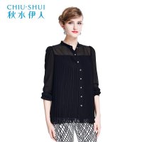 秋水伊人2016上衣女中长款衬衫浪漫淑女雪纺风琴褶泡泡袖立领C086