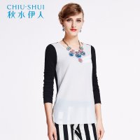 秋水伊人长袖T恤女2016秋装新款T恤时尚休闲百搭雪纺拼接上衣c073