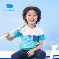 丽婴房童装男童T恤纯棉短袖T恤蓝色条纹上衣夏季海军风短袖薄2020