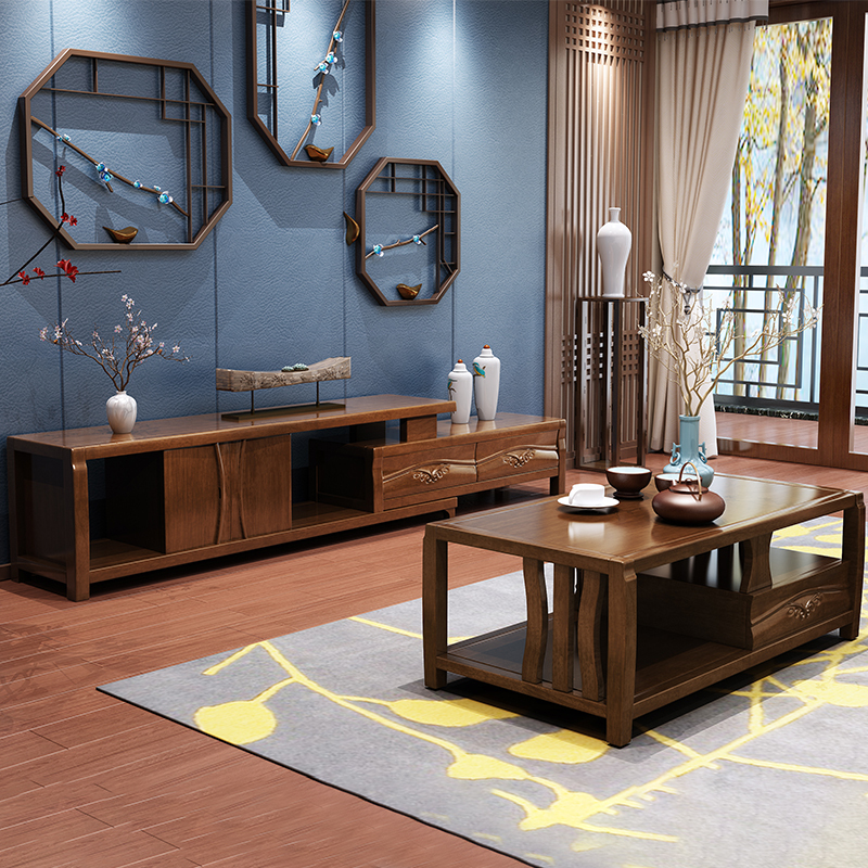 雅琼实木电视柜茶几组合现代中式简约原木雕刻可伸缩客厅组合家具套餐