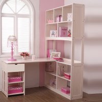 我爱我家家具 白色实木书桌 转角书柜书桌组合 儿童学习桌书桌柜 杏仁白