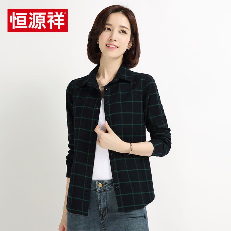 恒源祥红格子衬衫女秋装新款休闲百搭女装外套宽松纯棉长袖衬衣女图片